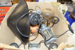 BOX OF LIGHT FITTINGS, CANDLE LANTERNS ETC