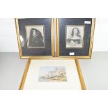 MIXED LOT COMPRISING A SMALL 19TH CENTURY WATERCOLOUR OF A COASTAL SCENE TOGETHER WITH TWO