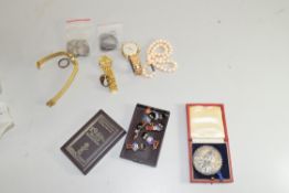MIXED LOT OF ROBERTSONS JAM BADGES, VICTORIAN COINAGE AND COMMEMORATIVE MEDAL, PEARL NECKLACE, WRIST