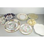 BOX CONTAINING DECORATED PLATES, CRUET ETC