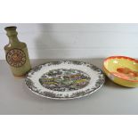 MYOTT MEAT PLATE, A POTTERY WHISKY DECANTER AND A FURTHER BOWL (3)