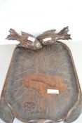EASTERN WOODEN SERVING TRAY CARVED WITH A LOTUS FLOWER TOGETHER WITH TWO INDONESIAN HARDWOOD MODEL