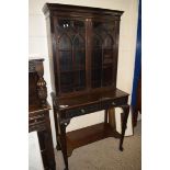 EDWARDIAN MAHOGANY SIDE CABINET WITH GLAZED TOP SECTION OVER A BASE WITH TWO DRAWERS AND A SHELF,