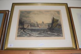 DAVID LAW, COLOURED ENGRAVING, CITY RIVER SCENE WITH BOATS, F/G, 61CM WIDE