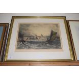 DAVID LAW, COLOURED ENGRAVING, CITY RIVER SCENE WITH BOATS, F/G, 61CM WIDE