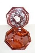 20TH CENTURY CHINESE AND HARDWOOD AND MOTHER OF PEARL INLAID OCTAGONAL BOX WITH FITTED INTERIOR