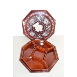 20TH CENTURY CHINESE AND HARDWOOD AND MOTHER OF PEARL INLAID OCTAGONAL BOX WITH FITTED INTERIOR