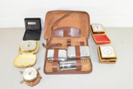 GENTS TRAVELLING VANITY SET TOGETHER WITH VARIOUS TRAVEL CLOCKS AND A SMALL THERMOMETER