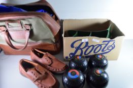 LAWN BOWLS, SHOES AND BAG