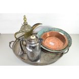 MIXED LOT OF METAL WARES COMPRISING AN OMANI COFFEE POT, OVAL GALLERIED SILVER PLATED TRAY, SILVER