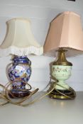 VICTORIAN OIL LAMP BASE CONVERTED TO A TABLE LAMP TOGETHER WITH A MODERN ORIENTAL TABLE LAMP