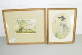 HARRY PETERS SPRING AT HOXNE, WATERCOLOUR, F/G, TOGETHER WITH A FURTHER 19TH CENTURY SILK WORK