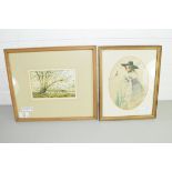 HARRY PETERS SPRING AT HOXNE, WATERCOLOUR, F/G, TOGETHER WITH A FURTHER 19TH CENTURY SILK WORK