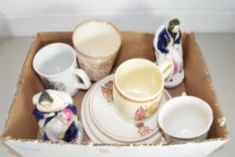 BOX OF MIXED ITEMS TO INCLUDE A PAIR OF STAFFORDSHIRE FIGURES, ROYAL COMMEMORATIVE CHINA WARES TO