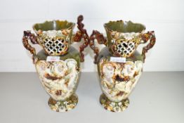 PAIR OF LATE 19TH CENTURY FLORAL DECORATED DOUBLE HANDLED VASES