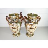 PAIR OF LATE 19TH CENTURY FLORAL DECORATED DOUBLE HANDLED VASES