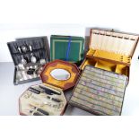 MIXED LOT COMPRISING A MANICURE SET, SMALL SQUARE STAND WITH TAPESTRY TOP, JEWELLERY BOX, CASED