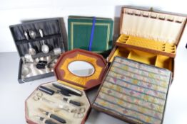 MIXED LOT COMPRISING A MANICURE SET, SMALL SQUARE STAND WITH TAPESTRY TOP, JEWELLERY BOX, CASED