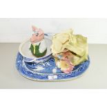 MIXED LOT COMPRISING A VICTORIAN WILLOW PATTERN MEAT PLATE, A NATWEST PIGGY BANK, ROYAL DUX FLORAL