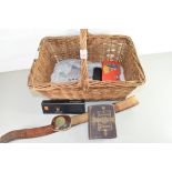 WICKER BASKET CONTAINING DOMINOES, SHAKESPEARE BIRTHDAY BOOK ETC