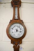 VICTORIAN OAK CASED ANEROID BAROMETER AND THERMOMETER COMBINATION
