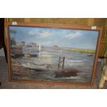 PENELOPE DOUGLAS, HARBOUR SCENE, PROBABLY WELLS NEXT THE SEA, OIL ON BOARD