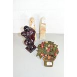 PAIR OF MODERN POLISHED STONE OBELISKS, HARDWOOD FRUIT DECORATED WALL PLAQUE AND A POLISHED WOODEN