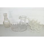 MIXED LOT OF CLEAR GLASS WARES COMPRISING DECANTER, JUG, DRINKING GLASSES AND BOWLS