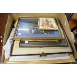 BOX OF MIXED PICTURES TO INCLUDE MODERN MOGUL SCHOOL PAINTING ON SILK, MODERN JAPANESE WOODBLOCK