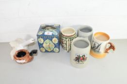 FOUR MIXED MUGS, A ROSE FORMED CURTAIN TIE BACK HOLDER, A DUNHILL PIPE STAND AND A VINTAGE TIN