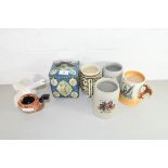 FOUR MIXED MUGS, A ROSE FORMED CURTAIN TIE BACK HOLDER, A DUNHILL PIPE STAND AND A VINTAGE TIN