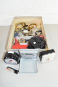 BOX OF MIXED WRIST WATCHES, ALARM CLOCKS ETC