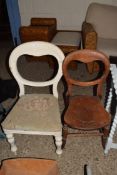 VICTORIAN BALLOON BACK DINING CHAIR WITH FLORAL UPHOLSTERED SEATS TOGETHER WITH ONE OTHER (2)