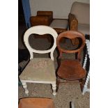 VICTORIAN BALLOON BACK DINING CHAIR WITH FLORAL UPHOLSTERED SEATS TOGETHER WITH ONE OTHER (2)