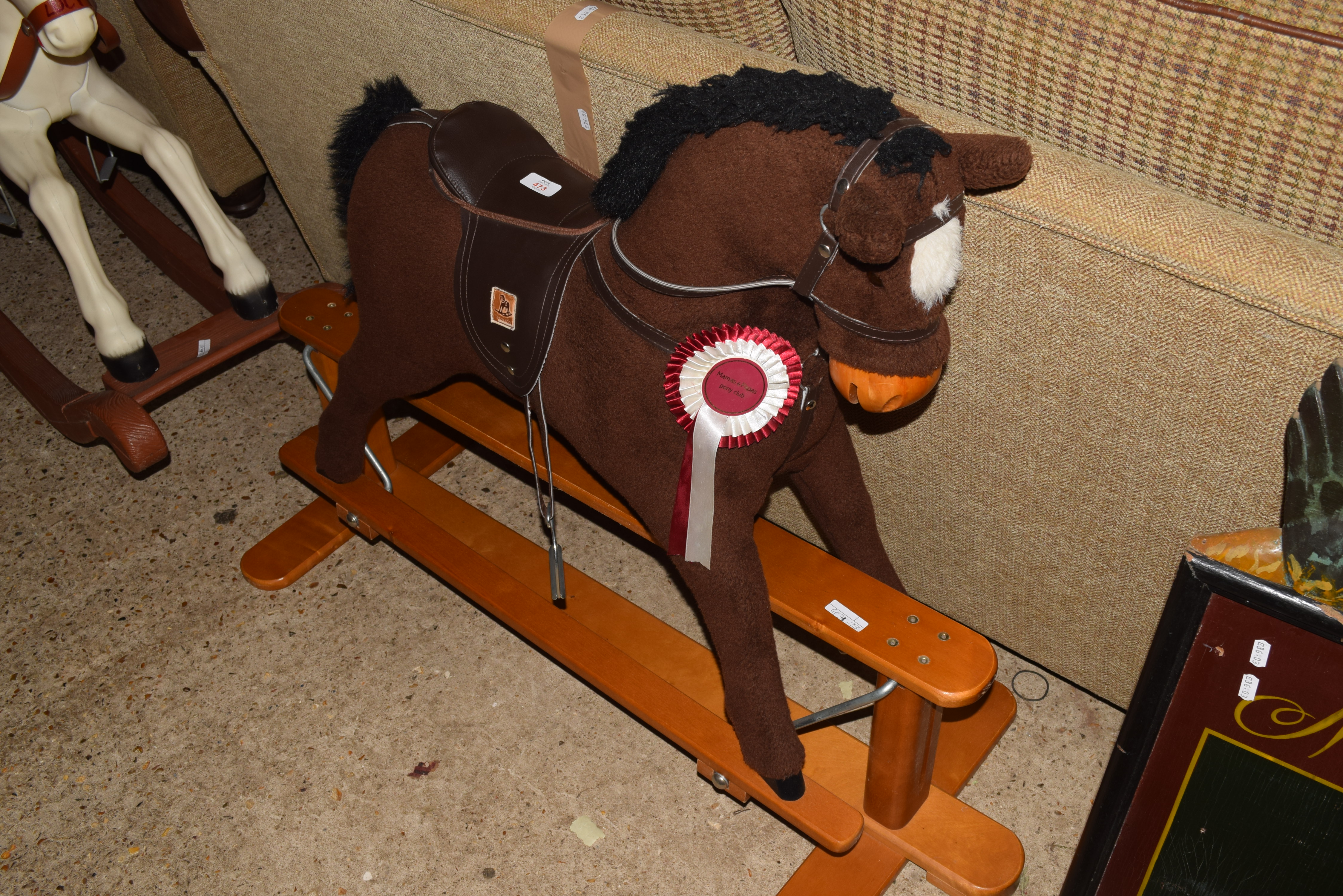 20TH CENTURY FABRIC COVERED ROCKING HORSE ON WOODEN FRAME, 85CM HIGH