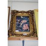 AFTER WATERHOUSE, COLOURED PRINT IN HEAVY FOLIATE GILT FRAME, 39CM HIGH