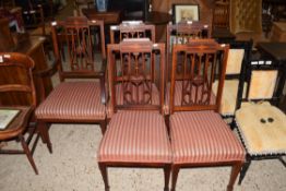 SET OF FIVE EDWARDIAN MAHOGANY DINING CHAIRS WITH STRIPED UPHOLSTERED SEATS