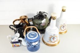 MIXED LOT OF CERAMICS TO INCLUDE VICTORIAN TEA POT AND STAND, WADE WHISKY BELLS ETC