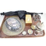 TRAY OF MIXED ITEMS TO INCLUDE A VICTORIAN UMBRELLA, SILVER PLATED ENTRÉE DISH, BRASS TRAY, SILVER