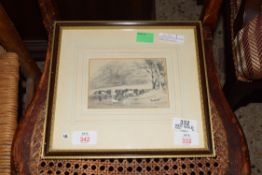 SMALL PENCIL DRAWING - CATTLE WATERING, UNSIGNED, FRAMED AND GLAZED, 26CM WIDE MAX