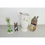MIXED LOT COMPRISING A GERMAN BEER STEIN, PORTUGUESE CANDLESTICK, ART POTTERY MODEL RAM AND AN ART