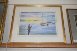 HARRY PLATT, LAKE SCENE WITH FISHERMEN, WATERCOLOUR, GILT FRAMED