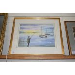 HARRY PLATT, LAKE SCENE WITH FISHERMEN, WATERCOLOUR, GILT FRAMED