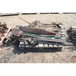Pallet of vintage tools to include rakes, scythes, hand saws etc