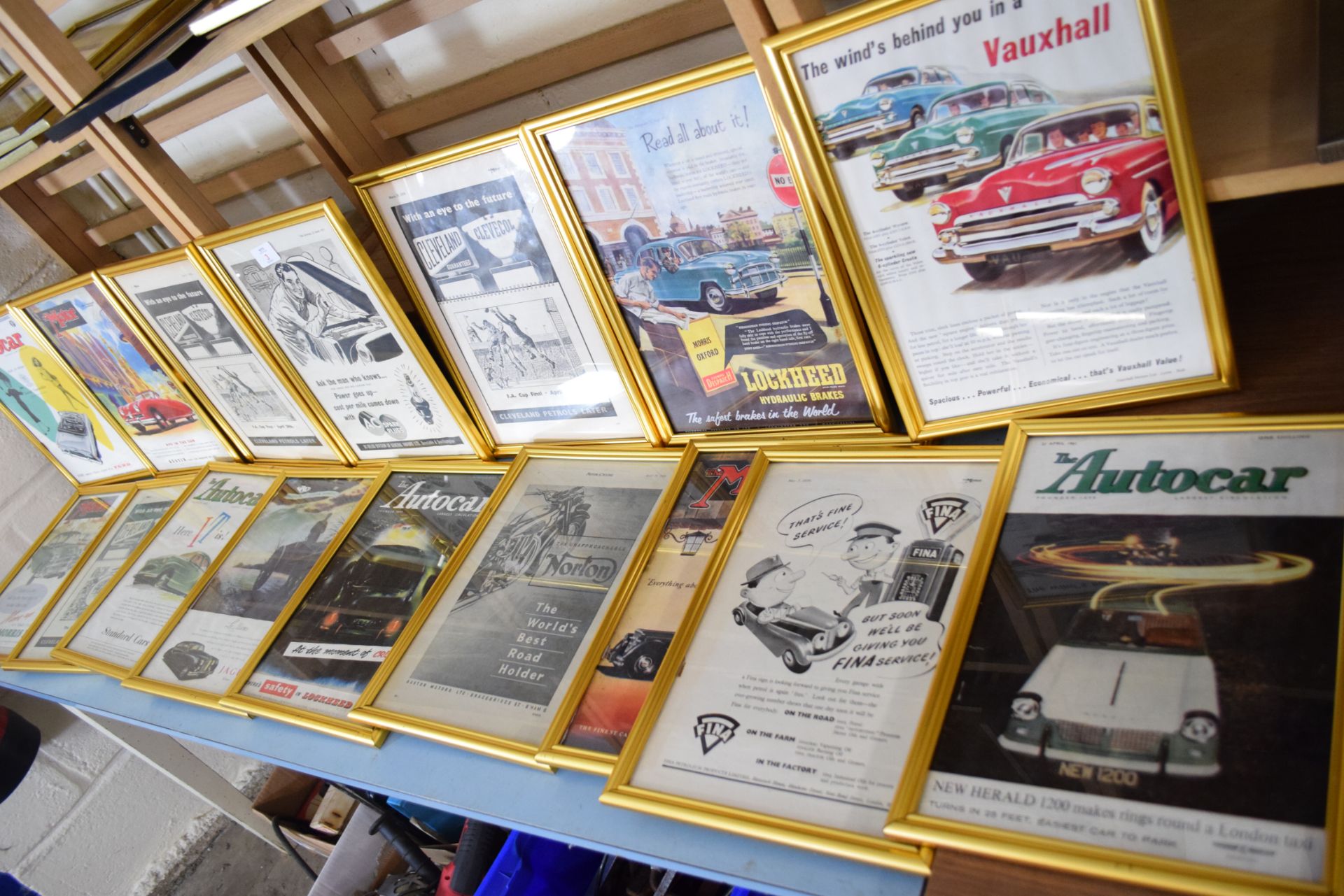 Large quantity of framed magazine advertising prints from The Autocar and The Motor magazines to