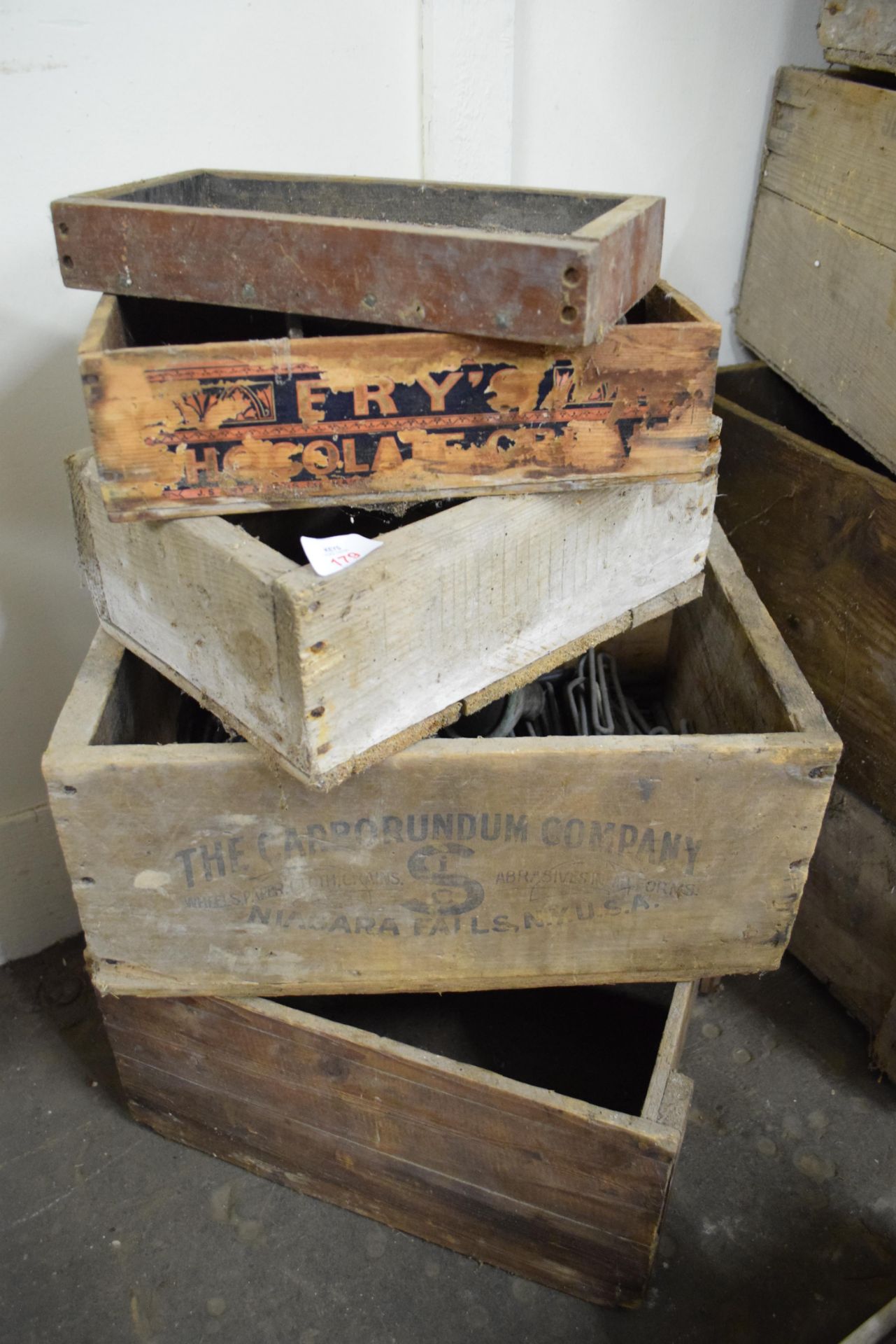 Quantity of vintage packing cases including The Carborundum Co etc, Frys Chocolate etc