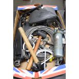 Box containing various automobilia including grease gun, mallets, mirror etc