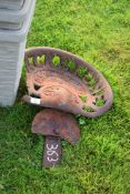 Vintage iron tractor seat marked "Blackstone & Co Ltd, Stamford" (a/f)