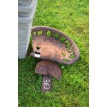 Vintage iron tractor seat marked "Blackstone & Co Ltd, Stamford" (a/f)