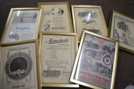 Box of framed motorcycle interest adverts (approx 13)